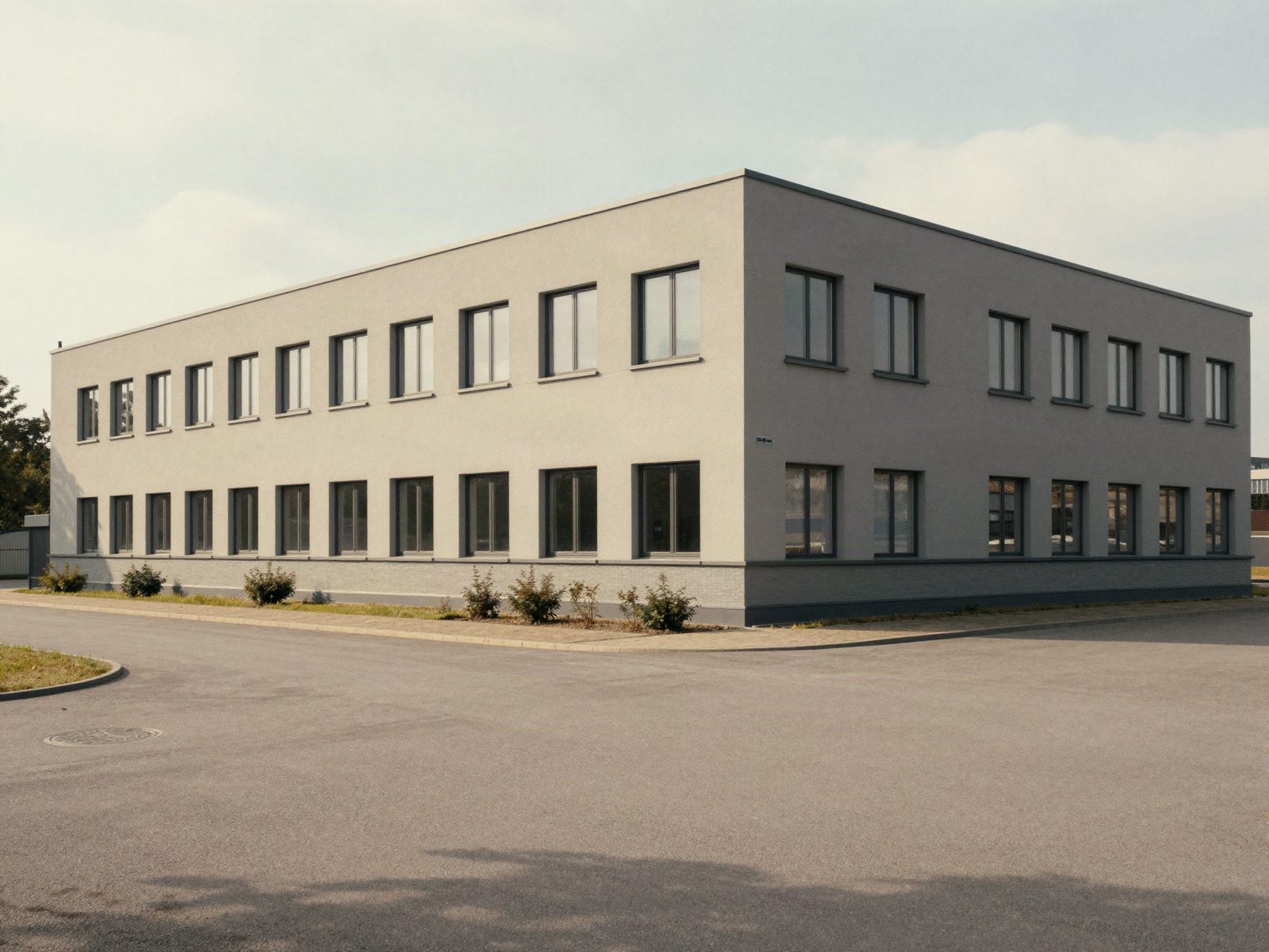 Symbolbild, KI-generiert: Gewerbebau mit Putzfassade und Fensterreihen
